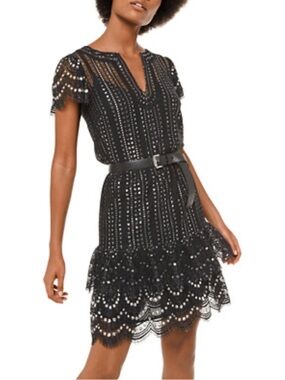 Michael Kors Black Metallic Studded Lace Mini Dress Size Small